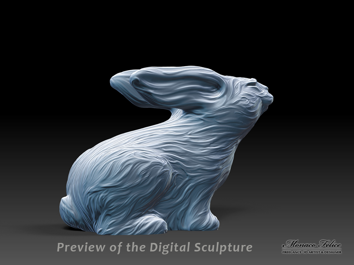 Digital sculpture of a rabbit, detailed surface modeling showing flowing organic textures, contemporary sculptural design study